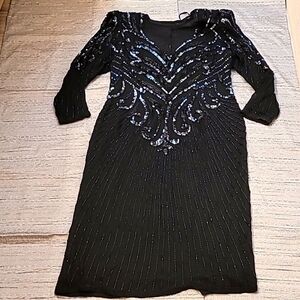 AJ. BARI Silk‎ Beaded evening/cocktail dress Black Size 12 Vintage 1980s preppy